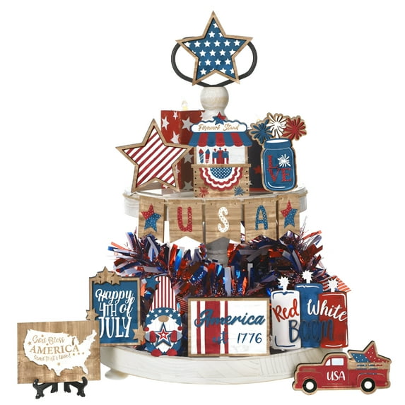 LAMIRO Patriotic Tiered Tray Decor Set, 15 Pack Wooden 4Th of July Tabletop Decorations, Independence Day Table Centerpiece for Memorial Day