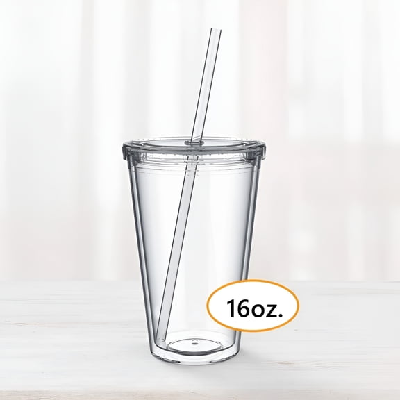 LAMIRO Plastic Cup with Lid and Straw, 16 Oz Clear Classic Insulated Tumblers, Double Wall, Reusable Plastic Acrylic, Perfect for Parties, Birthdays, Customization - 1 Pc