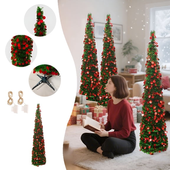 LAMIRO Pop Up Christmas Tree with Led String Lights Tinsel Christmas Tree Collapsible Artificial Pencil Tree Xmas Decoration for Home Office Party Quickly Assembly