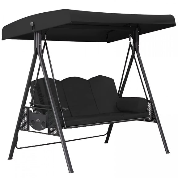 LAMIRO Porch Swing 3 Seat with Adjustable Canopy, Convertible Patio Swing Bed with Stand, Patio Glider Swing with Upgraded Cup Holder