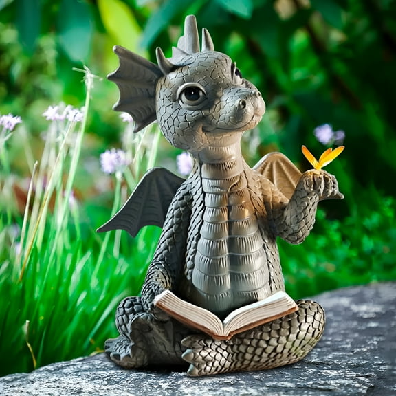 LAMIRO Reading Book Little Dragon Sculpture Cute Reading Book Dragon Statues Resin Garden Dragon Sculptures Art Ornament Gift for Lawn Garden Patio Yard Home Decor