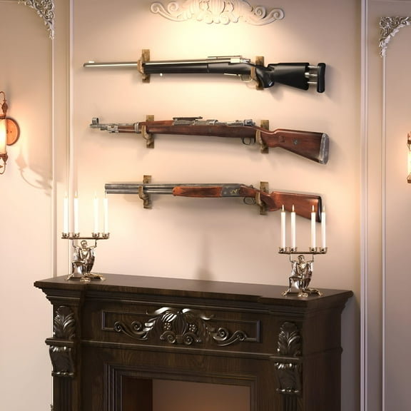 LAMIRO Real Wood Gun Rack Wall Mount Holder for Firearms, Vintage Gun Display-2PCS