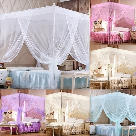 LAMIRO Romantic Princess Lace Bed Canopy with Mosquito Net, Frameless 4-Corner Polyester Curtain for Twin, Full, Queen, King