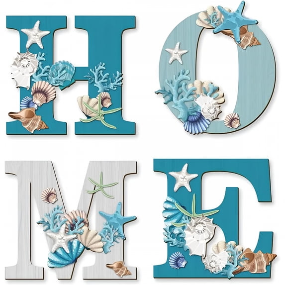 LAMIRO Room Decor Wood Home Sign Coastals Blue Starfish Beach Theme Sign for Home Letters Hanging Wall Decor Art Signs for Living Room Kitchen Bedroom Decor Apartment Decor