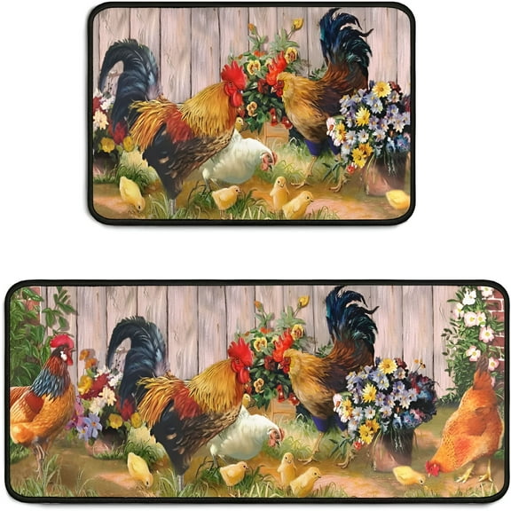 LAMIRO Rooster Kitchen Rugs Set 2Pcs Non Slip Kitchen Floor Rug and Mat Rooster Chicken Theme Kitchen Mat for Farmhouse Kitchen Floor Decor 17