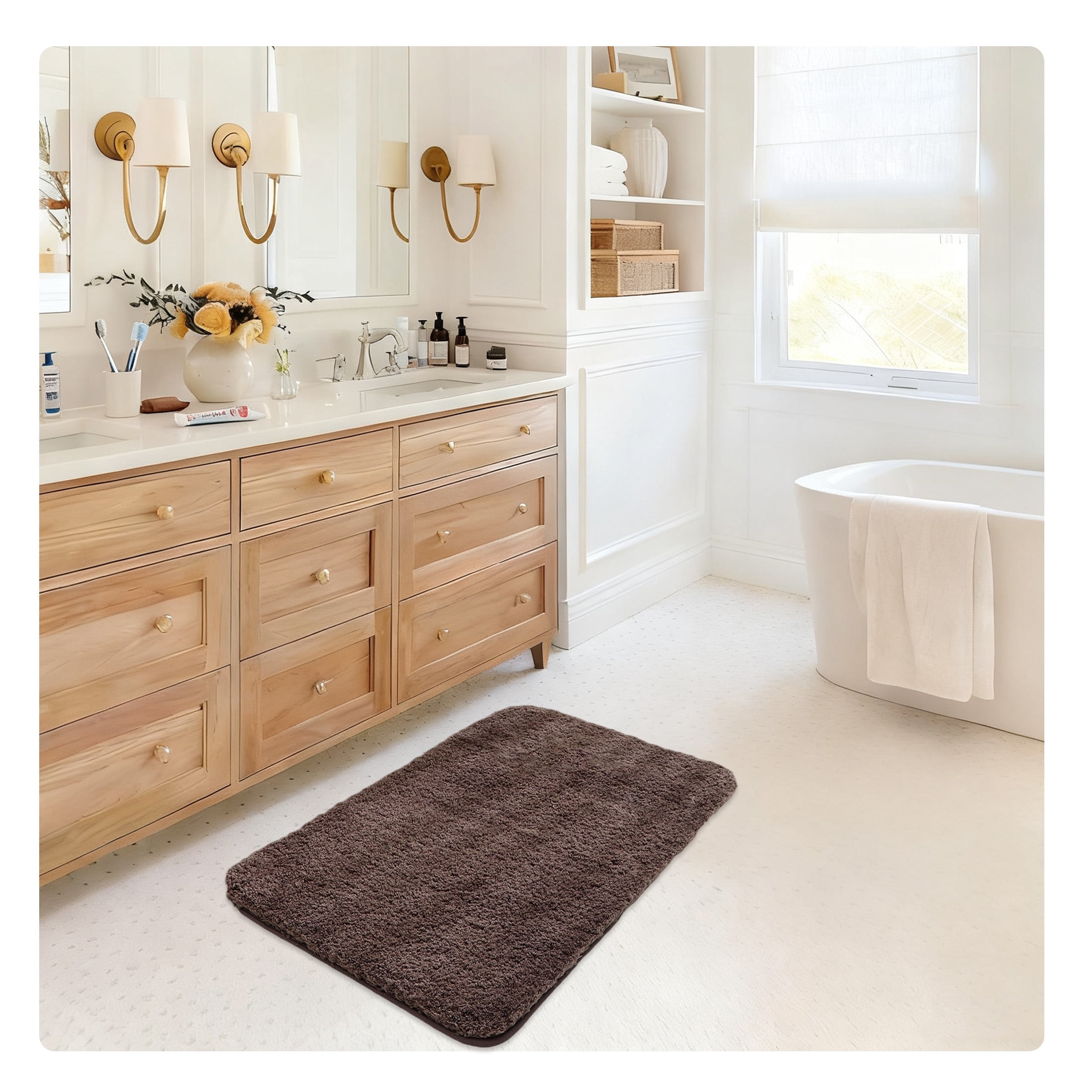 LAMIRO Shag Bath Rug, Non Slip Bath Mat for Bathroom, 16"x24", Brown, Machine Wash