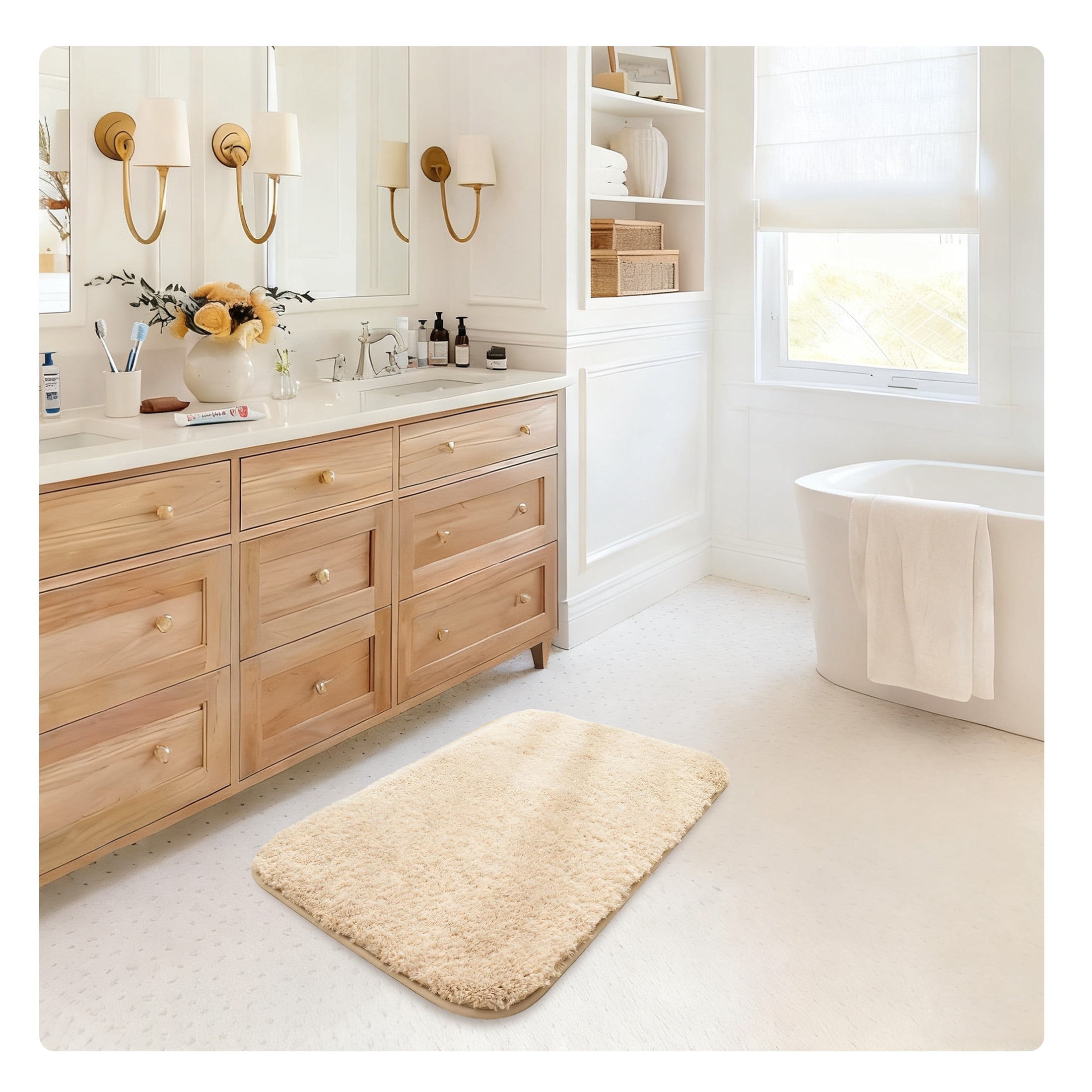 LAMIRO Shag Bath Rug, Non Slip Bath Mat for Bathroom, 16"x24", Sand, Machine Wash