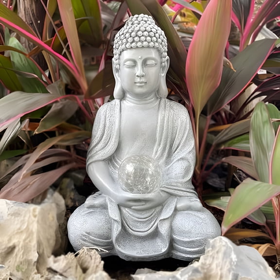 LAMIRO Solar-Powered Buddha Statue,Resin Buddha Sculpture with LED Light for Home Decoration,Sitting Meditating Buddha Serene Resin Figurine for Garden,Yard,Lawn,Living Room,and Entryway,Grey