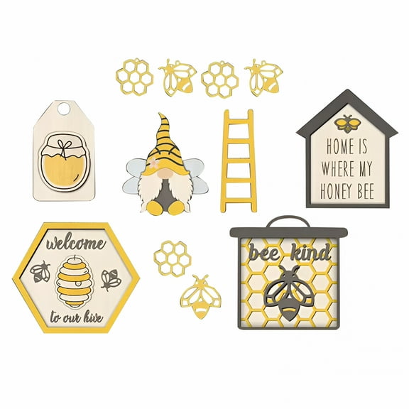 LAMIRO Spring Bee Tiered Tray Decor, 12 Pcs Wooden Farmhouse Tiered Tray Mini Signs, Rustic Bumble Honeybee Beehive Home Decor Items for Spring Summer Holiday Kitchen Table Decor