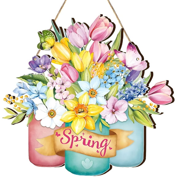 LAMIRO Spring Door Decor Flower Welcome Door Sign Spring Door Hanger for Front Door Rustic Flower Wall Pediments for Spring Easter Party Outdoor Indoor Front Door Decor