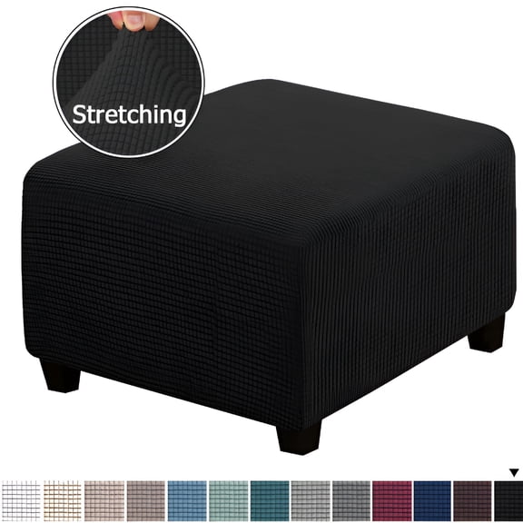 LAMIRO Square Ottoman Covers Ottoman Slipcovers Folding Storage Stool Furniture Protector Form Fit with Elastic Bottom,Stretch High Spandex Small Checks Jacquard Fabric Black L 27