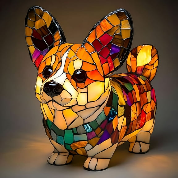LAMIRO Standing Corgi Figurine LED Night Light - Glass Effect Stained Resin Decor Lamp for Pet Enthusiast Spaces