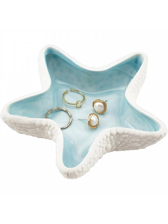 Starfish Shape Ceramic Jewelry Tray, Aqua Shell Trinket Dish Ceramic Ring Earring Holder Ocean-Themed Decorative Trinket Plate for Rings Earrings Necklaces Bracelet Jewelry Watch Keys