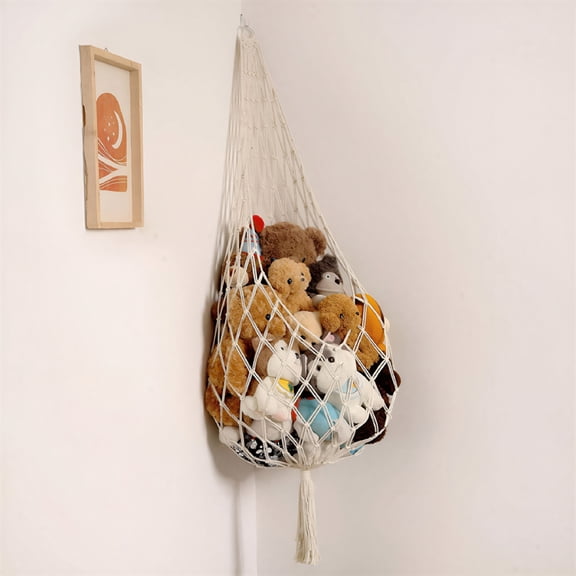 LAMIRO Stuffed Animal Storage Organizers Toy Hammock Corner Hanging Net Stuffy Animal Hammock Toy Display Plush Toy Holder Wall,Kid Bedroom Decor Boho Nursery Playroom Organizer (Cream)