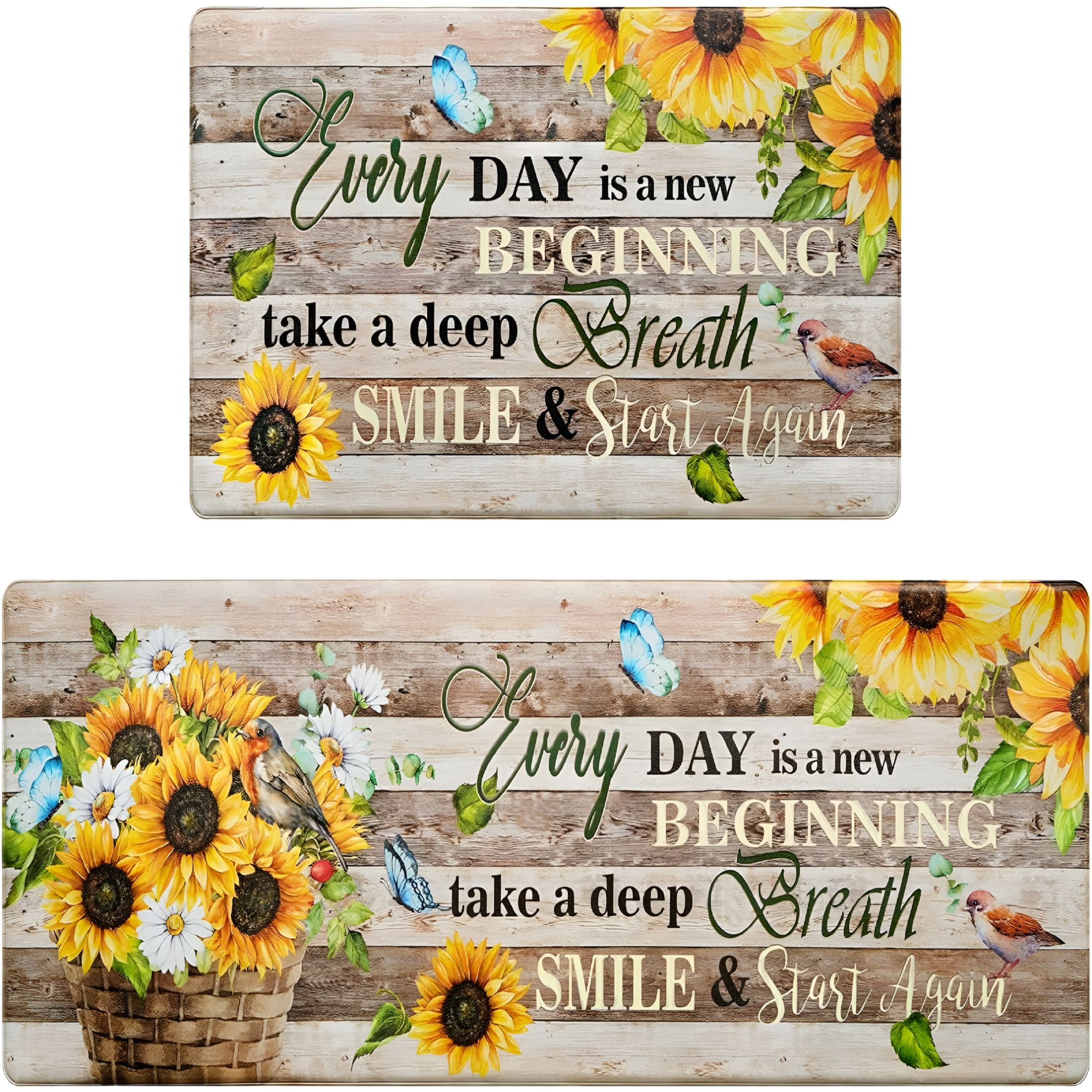 LAMIRO Sunflower Kitchen Rugs Set of 2 Farmhouse Kitchen Mats for Floor Anti Fatigue Mats for Kitchen Floor,Butterfly Floral Kitchen Rugs Non Slip Washable Kitchen Floor Mats,18"x 30"+18"x 48"