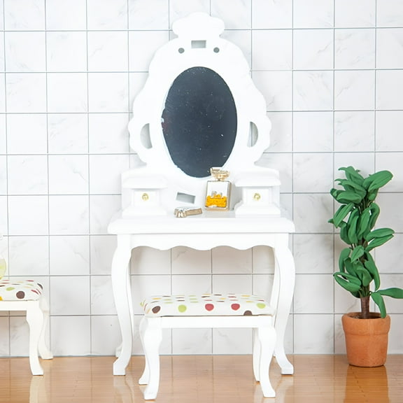 LAMIRO Table Set with Large Curved Mirror,Solid Wood Legs,Table with Drawers And Chairs,Bedroom White