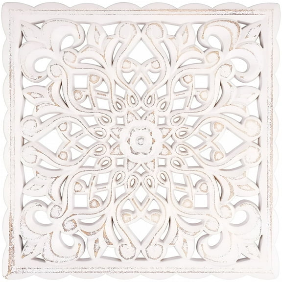 LAMIRO Wall Decor Art,Carved Wooden Wall Panel Hanging Decor,Decorative Carved Floral-Patterned Distressed White Wall Panel for Living Room Bedroom