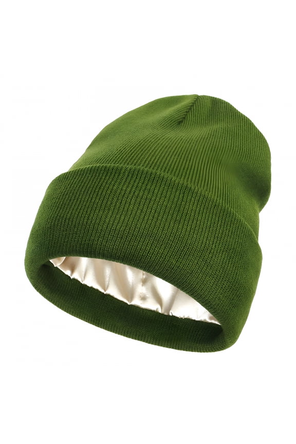 Winter Hats, Beanie, Satin Lined Beanie For Women Knit Satin Lined Winter Hats For Women Silk Lined Beanie Cap Warm Beanie Hat, Skull Caps, Hats for Men Green