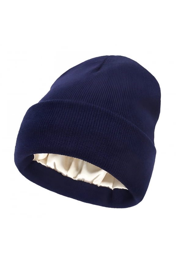 Winter Hats, Beanie, Satin Lined Beanie For Women Knit Satin Lined Winter Hats For Women Silk Lined Beanie Cap Warm Beanie Hat, Skull Caps, Hats for Men Navy