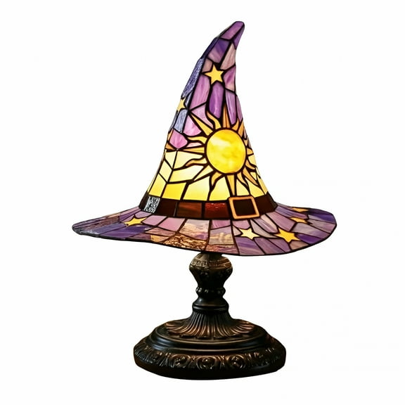 LAMIRO Witch Hat Lamp, Stained Glass Resin Wizard Hat Light Gothic Table Lamp Spooky Decorative Standing Lights Haunted Wiccan Gifts Mystical Home Decorations for Halloween, Bedroom