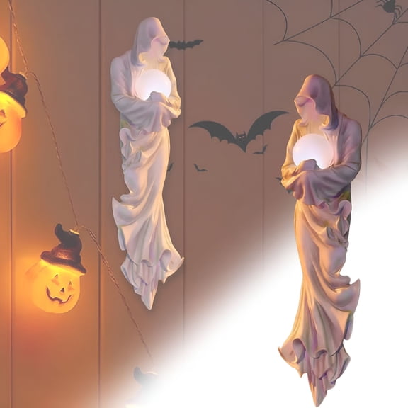 LAMIRO Witch Lantern Statue,Ghost with Lantern Halloween Statue,Witch Scary Hell Messenger with LED Lantern Resin Statue Faceless Garden Yard Home Party Decor