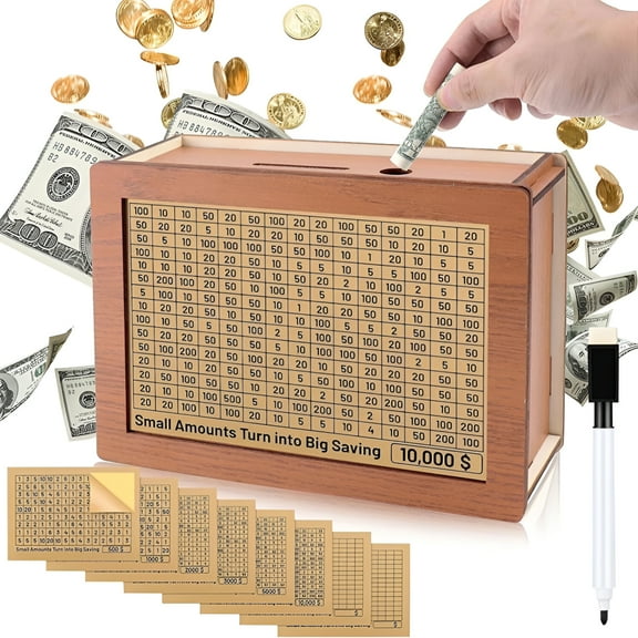 LAMIRO Wooden Money Box with 8 Saving Goals,Reusable Money Box with Counter 10000 5000 3000 2000 1000 500 Dollars,Countdown Money Saving Box Piggy Bank for Adults Kids Money Saving Box