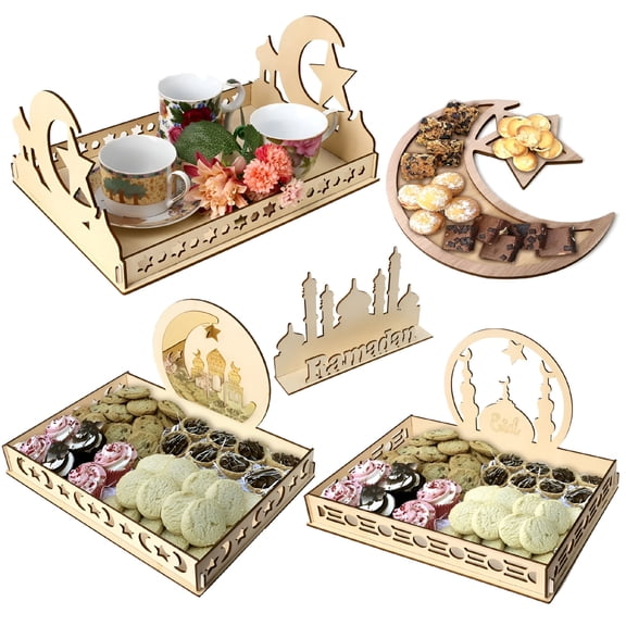 LAMIRO Wooden Moon and Star Eid Mubarak Ramadan Decoration for Home Islamic Muslim Party Ramadan Kareem Gifts Eid Al Adha Food Tray