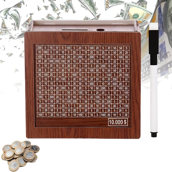 LAMIRO Wooden Savings Box,Savings Challenge Box,Wooden Cash Saver Money Box,Cash Saving Box with Money Target and Numbers (10000)