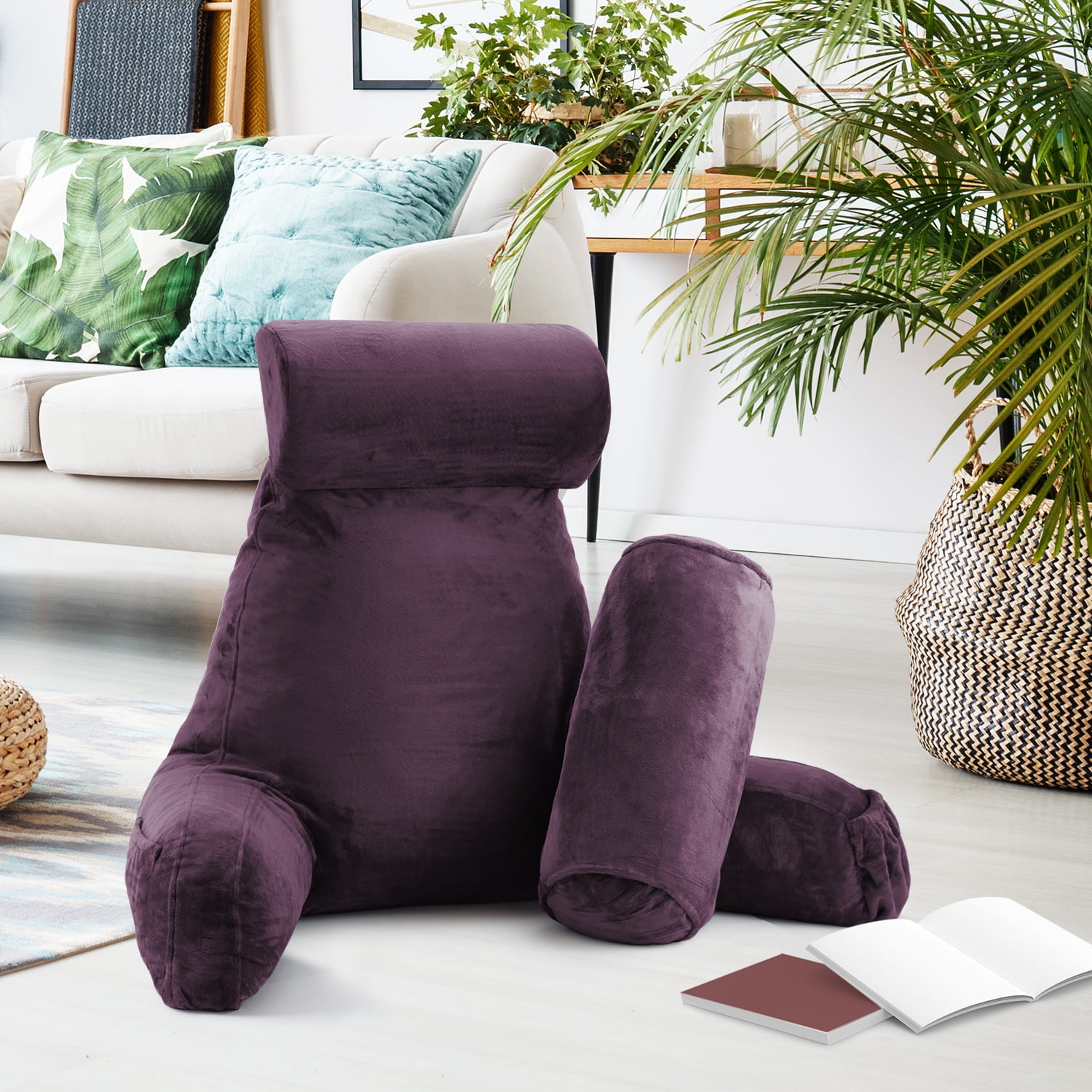 LAMMALOE Reading Pillow , Backrest Pillows with Arms, Plush Back Pillow Detachable Neck Roll, Shredded Memory Foam Bed Rest Pillow, Large, Purple Eggplant