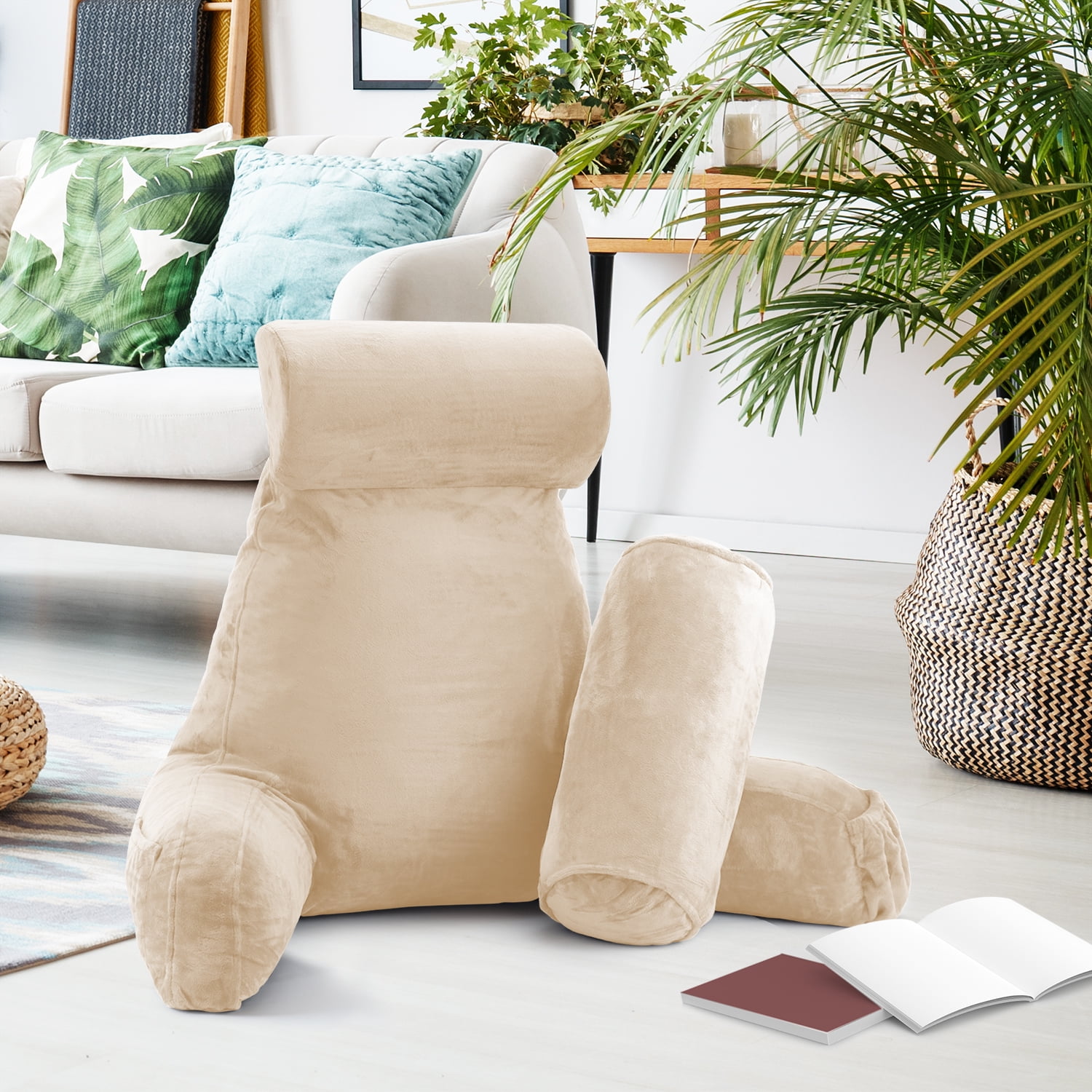 LAMMALOE Reading Pillow , Backrest Pillows with Arms, Plush Back Pillow Detachable Neck Roll, Shredded Memory Foam Bed Rest Pillow, Large, Beige Cream