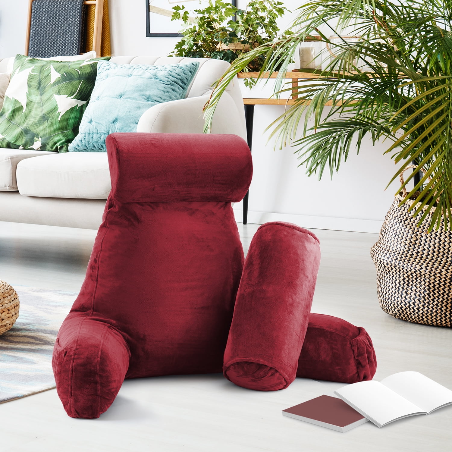 LAMMALOE Reading Pillow , Backrest Pillows with Arms, Plush Back Pillow Detachable Neck Roll, Shredded Memory Foam Bed Rest Pillow, Large, Burgundy Red