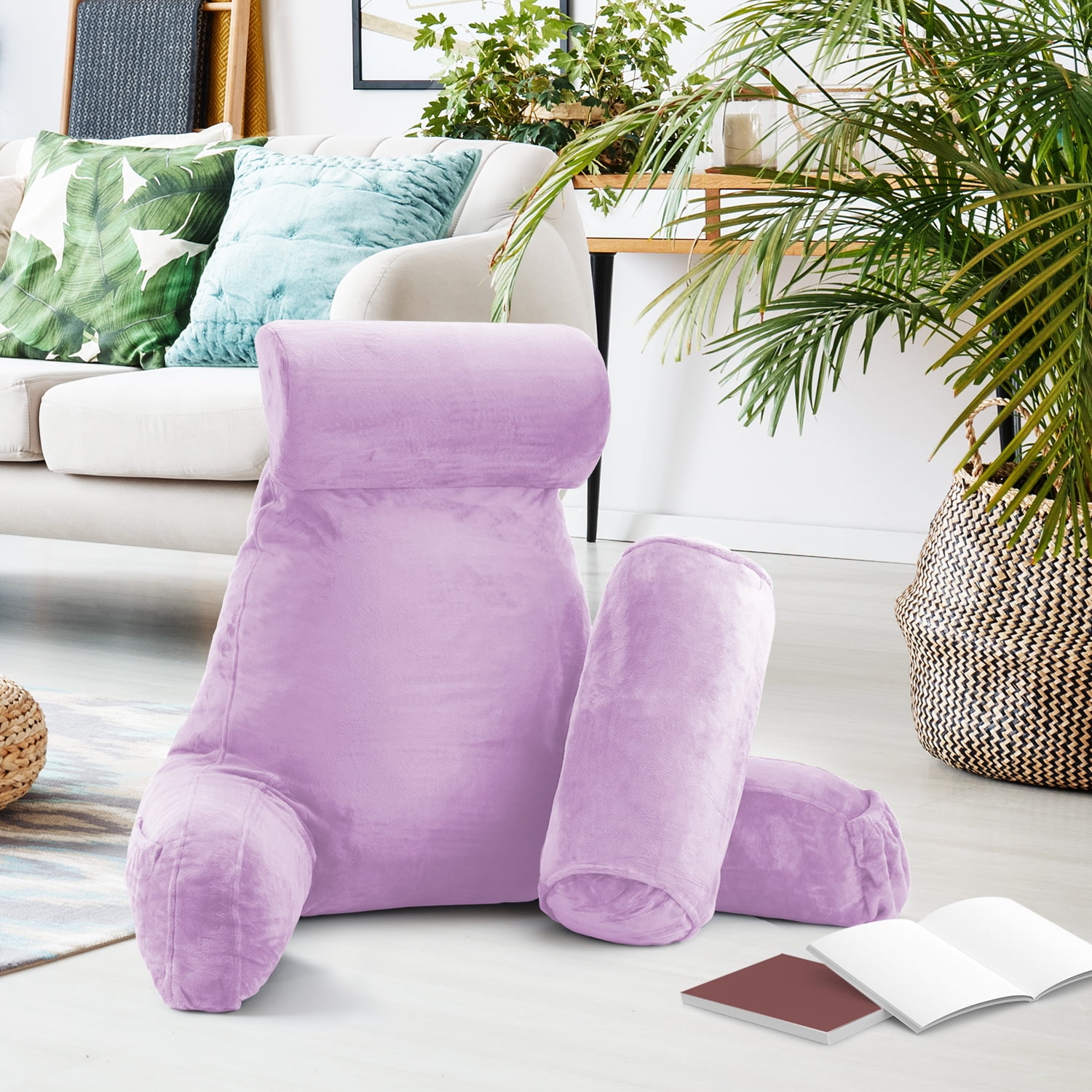LAMMALOE Reading Pillow , Backrest Pillows with Arms, Plush Back Pillow Detachable Neck Roll, Shredded Memory Foam Bed Rest Pillow, Large, Light Purple