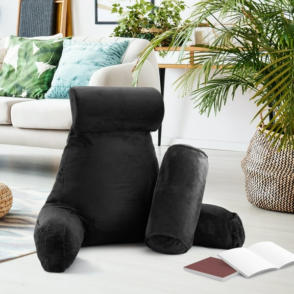 LAMMALOE Reading Pillow , Backrest Pillows with Arms, Plush Back Pillow Detachable Neck Roll, Shredded Memory Foam Bed Rest Pillow, Large, Black