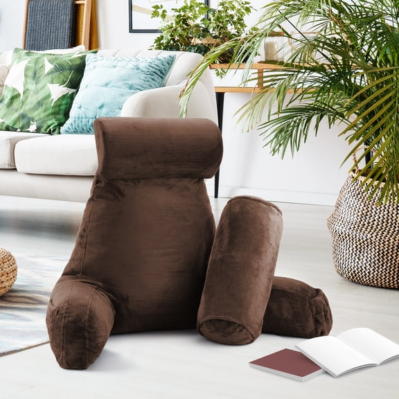 LAMMALOE Reading Pillow , Backrest Pillows with Arms, Plush Back Pillow Detachable Neck Roll, Shredded Memory Foam Bed Rest Pillow, Large, Brown