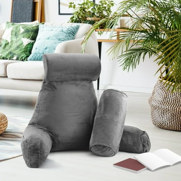 LAMMALOE Reading Pillow , Backrest Pillows with Arms, Plush Back Pillow Detachable Neck Roll, Shredded Memory Foam Bed Rest Pillow, Large, Grey