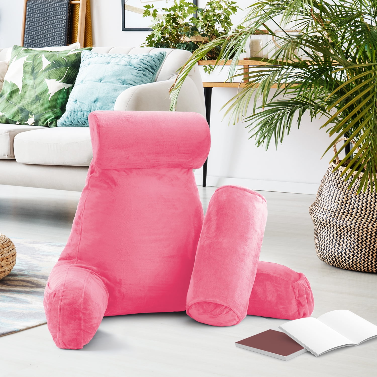 LAMMALOE Reading Pillow , Backrest Pillows with Arms, Plush Back Pillow Detachable Neck Roll, Shredded Memory Foam Bed Rest Pillow, Large, Light Pink