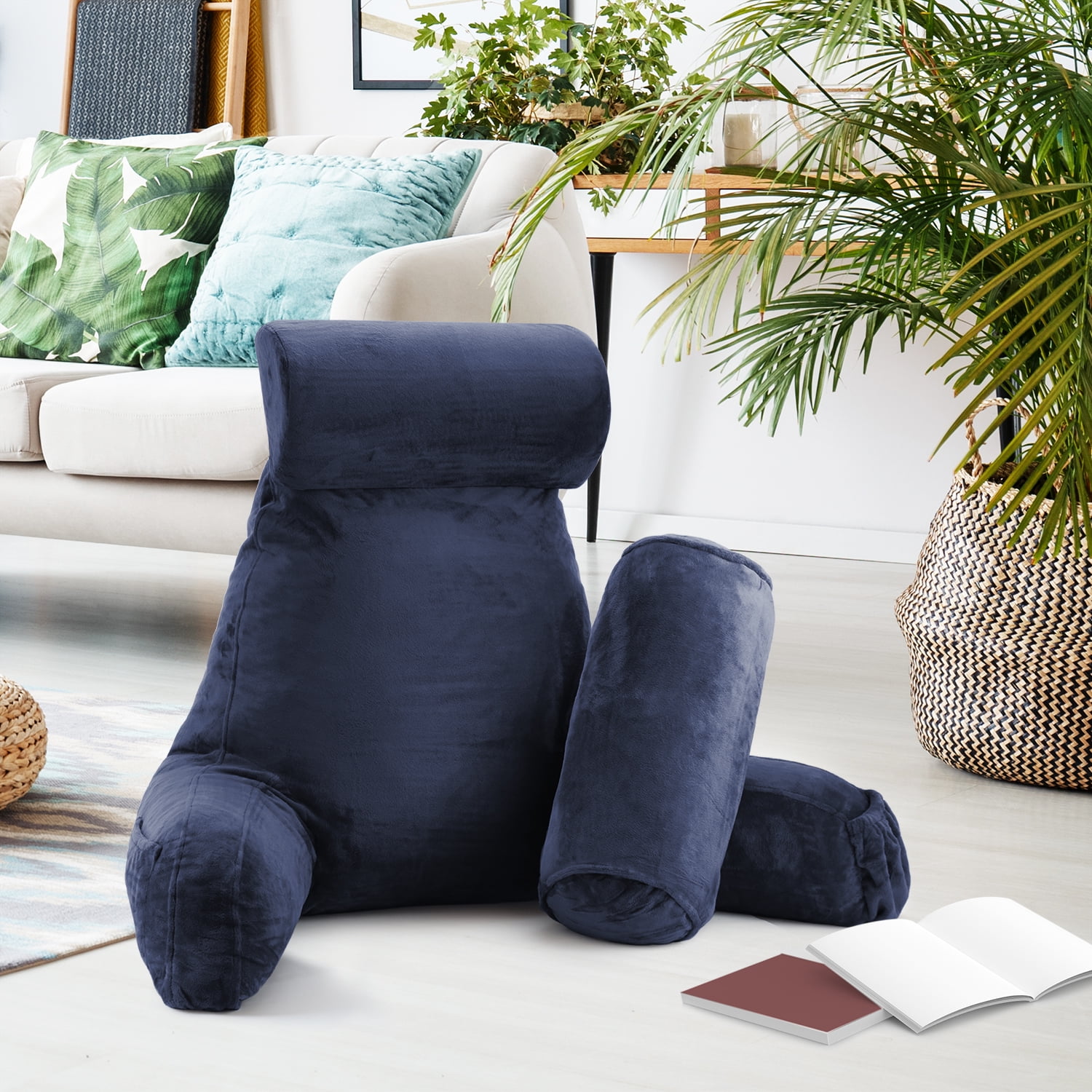 LAMMALOE Reading Pillow , Backrest Pillows with Arms, Plush Back Pillow Detachable Neck Roll, Shredded Memory Foam Bed Rest Pillow, Large, Navy