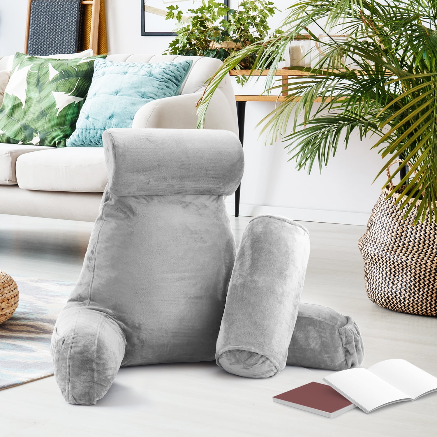 LAMMALOE Reading Pillow , Backrest Pillows with Arms, Plush Back Pillow Detachable Neck Roll, Shredded Memory Foam Bed Rest Pillow, Large, Silver