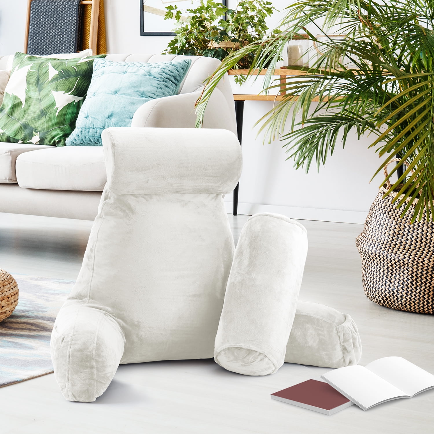 LAMMALOE Reading Pillow , Backrest Pillows with Arms, Plush Back Pillow Detachable Neck Roll, Shredded Memory Foam Bed Rest Pillow, Large, White