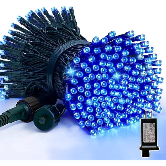 LAMPHOME 100 LED Blue String Lights - Green Wire, Multi-Function 8 Modes, 30V Plug-In, for Christmas & Holiday Decor