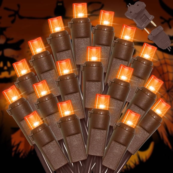 LAMPHOME 100 LED Halloween String Lights, Brown Wire, Solid Orange, 120V Plug-in, Indoor & Covered Outdoor, Fall Harvest Holiday Decor for Porch, Tree, Mantel, Party
