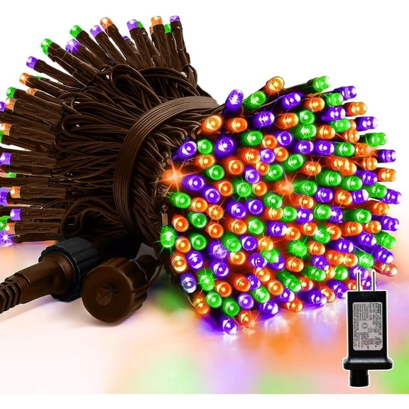 LAMPHOME 100 LED Halloween String Lights - Purple, Orange & Green, Brown Wire, Multi-Function, 30V Plug-In, for Spooky & Fall Decor