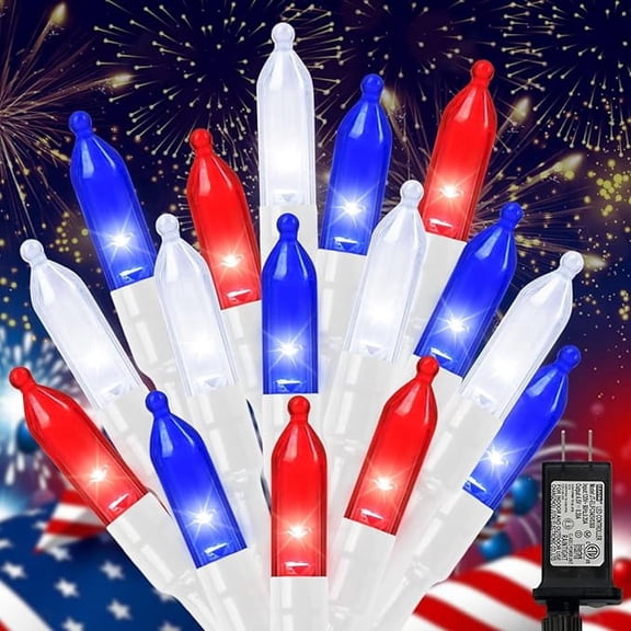 LAMPHOME 100 LED Red White Blue Patriotic Fairy Lights, Plug-In Waterproof Holiday String Lights with 16 Lighting Modes, Indoor & Outdoor Decor for Independence Day, Memorial Day and Summer Parties