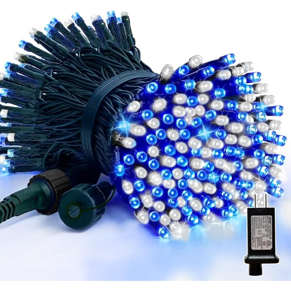 LAMPHOME 100 LED White & Blue String Lights - Green Wire, Multi-Function, 30V Plug-In, for Nautical, Spring & Year-Round Decor