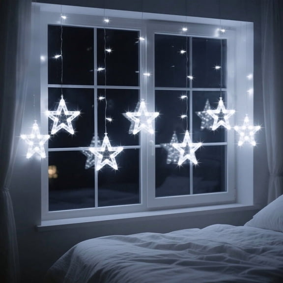 LAMPHOME 135LED Star Curtain String Lights, 10 Drops11 Modes Christmas Window Decorations,White Holiday Lights for Backdrop, Wedding, Patio, Christmas Decorations