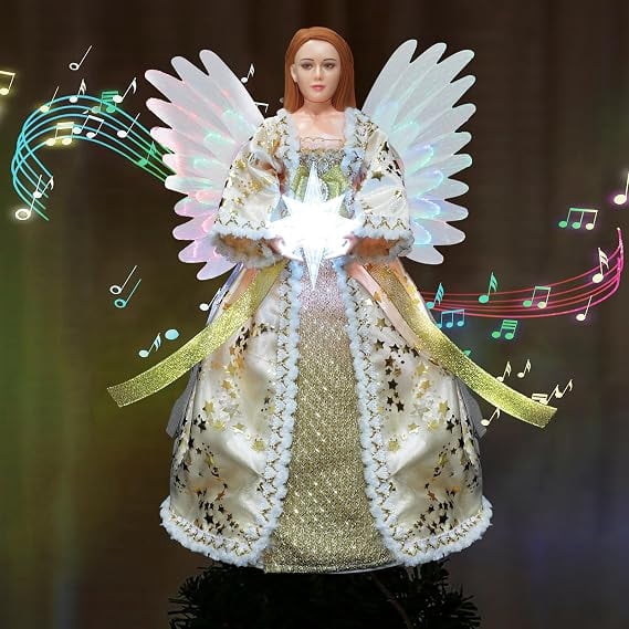 LAMPHOME 14" Christmas Angel Tree Topper with RGB Lights, Animated Moving Wings & Music Function, Lighted Xmas Treetop Ornament for Indoor & Office Holiday Decor