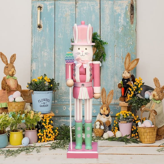 LAMPHOME 15" (38cm) Pink Easter Bunny Nutcracker with Egg - Wooden Soldier Figurine for Spring & Easter Home Decor