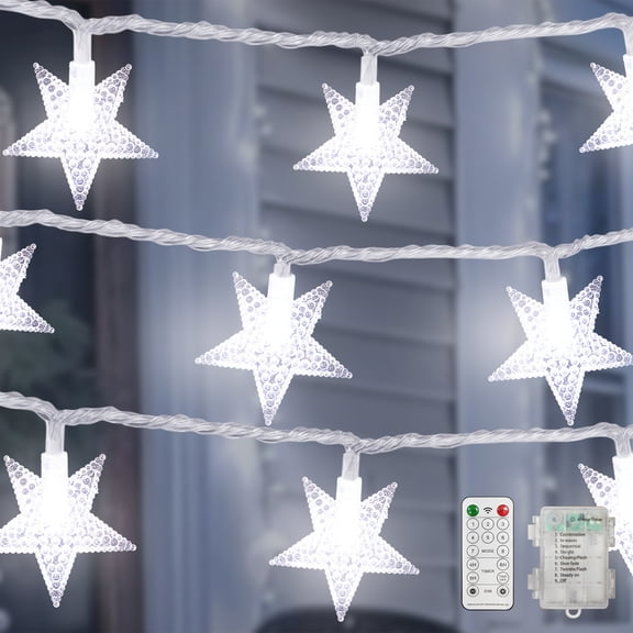 LAMPHOME 16FT 50LED Star String Lights, Cool White, Clear Wire, Waterproof 3AA Battery Box, 8 Modes with Remote, Indoor Outdoor Holiday Party Decor