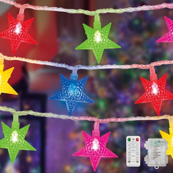 LAMPHOME 16FT 50LED Star String Lights, Multicolor (Red/Green/Pink/Blue/Yellow), Clear Wire, Waterproof 3AA Battery Box, 8 Modes with Remote