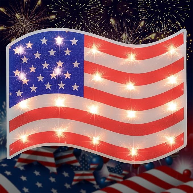 LAMPHOME 17.3'' Lighted Holographic American Flag Window Silhouette Decoration, Red White Blue Patriotic Ornament, Ideal for Independence Day, Memorial Day Holiday Decor